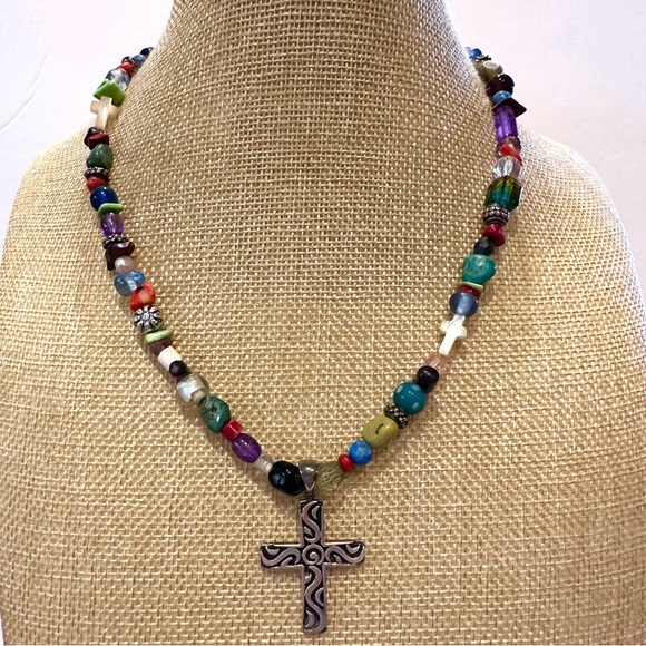 Multi-color Genuine Gemstone & Glass Bead Necklace w/ sterling silver cross .925 - Picture 3 of 10
